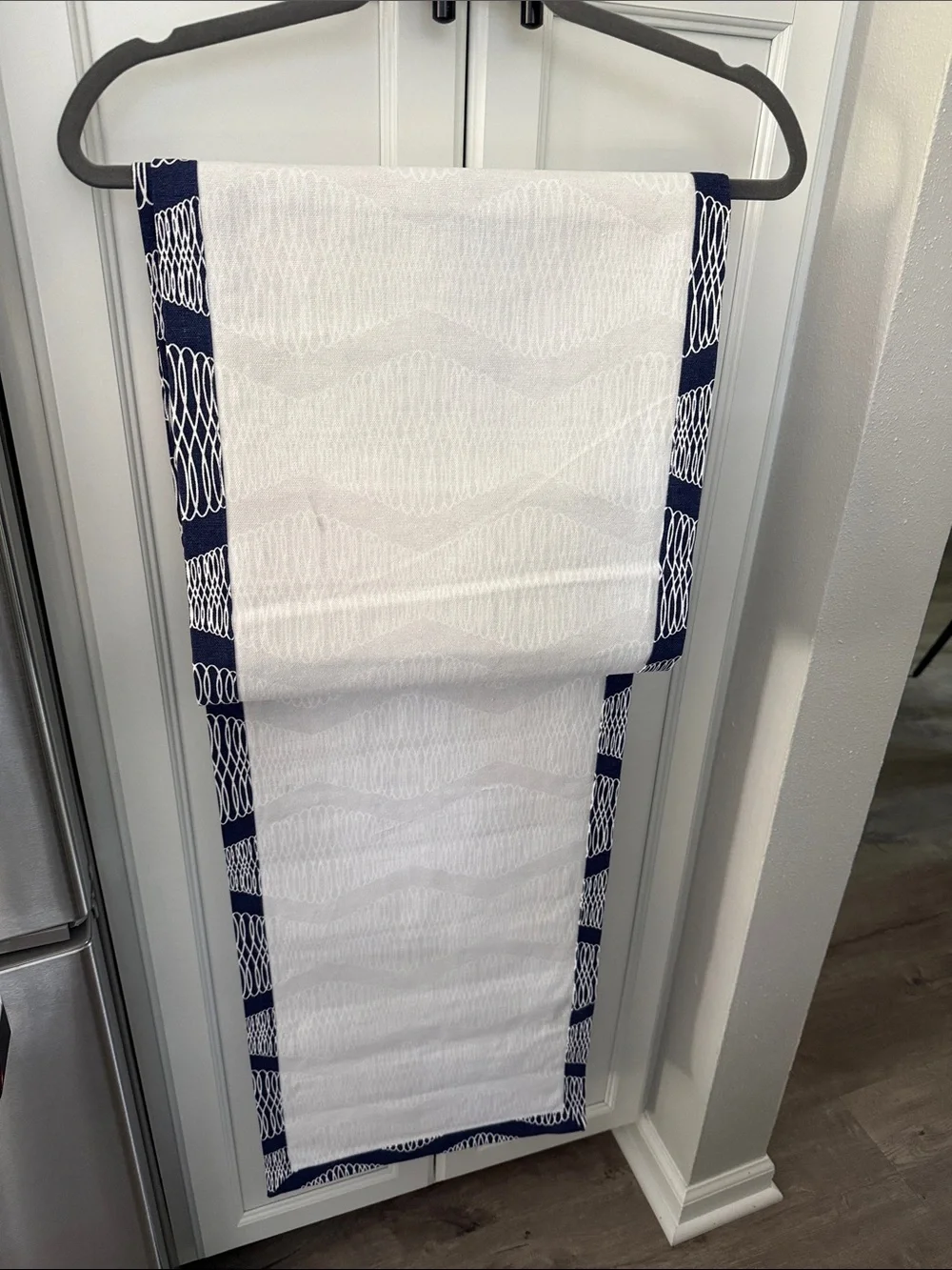Navy and White Patterned Table Runners- 13.5”x74”ea. Fun for patio, dining table